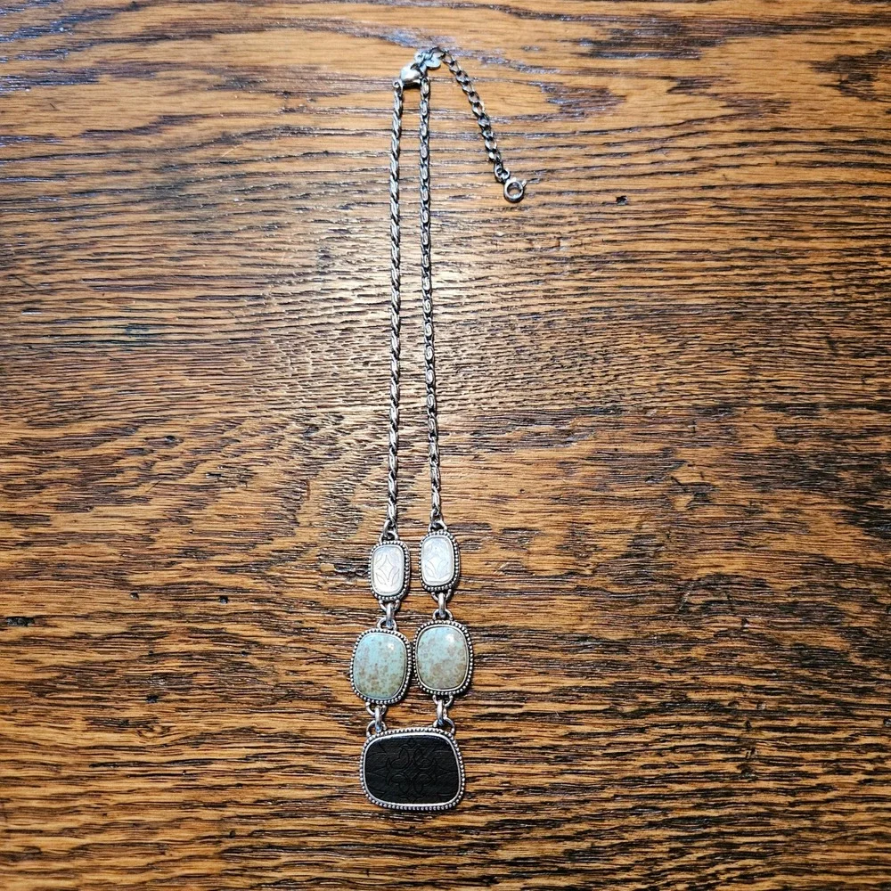 Monet Silver Tone Multi Stone Statement Necklace Turquoise‎ Mother of Pearl Wood